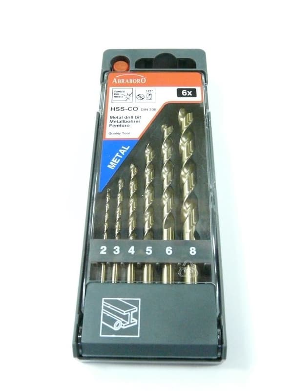 Sats med HSS-Co DIN 338 koboltborrar, 6 delar, för 2-3-4-5-6-8 mm Abraboro