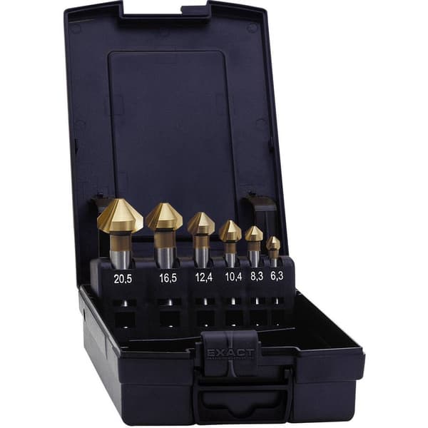 Exact 05567 Konisk försänkarset 6 delar 6.3 mm, 8.3 mm, 10.4 mm, 12.4 mm, 16.5 mm, 20.5 mm HSS TiN Cylinderskaft 1 set