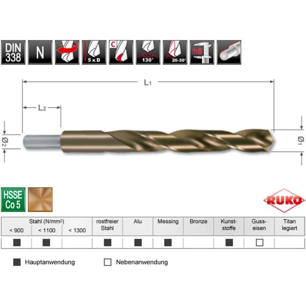 RUKO 2005160 HSSE-Co 5 Spiralborr 16 mm Total längd 178 mm DIN 338 1 st