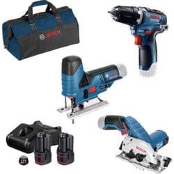 Bosch Professional 0615990M05 Batteri boremaskine 12 V 3 Ah Litium inkl. stiksav , Inkl. batteridrevet rundsav, Inkl. oplader, Taske