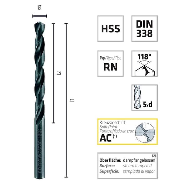 Alpen 0060101130100 HSS Spiralborr 11.3 mm Total längd 142 mm DIN 338 5 st