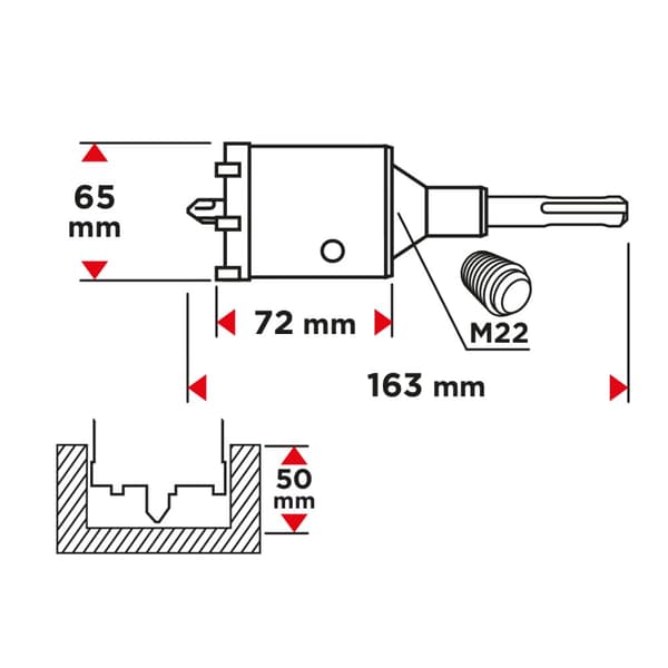 65 mm hårdmetal hulsav med SDS+ adapter og pilotbor