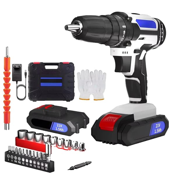 21V Sladdlös Borrmaskinsset, Hög vridmoment 45Nm, Inkluderar 2 Batterier,Set-2 Batterier, EU