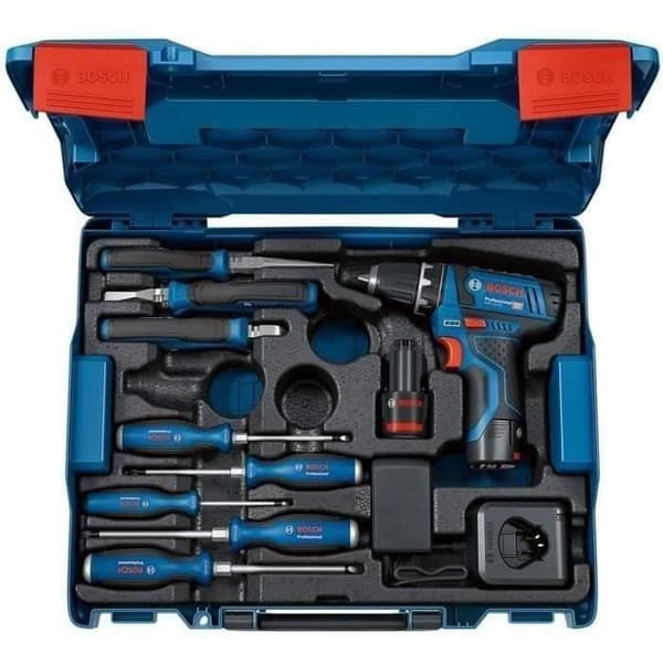 Bosch Professional GSR 12V-15 bore-/skruemaskine + håndværktøj + 2 x 2,0Ah batterier + GAL 12V-20 oplader - 060186810R
