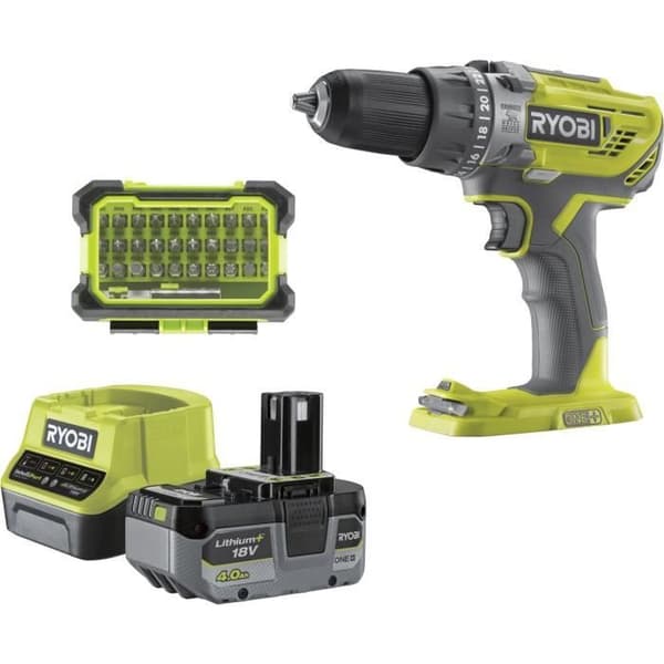 RYOBI - 18 V ONE+ iskuporakone - 50 Nm - 500-1800 rpm + 4,0 Ah akku, 2,0 A laturi, laukku - R18PD3-140SA