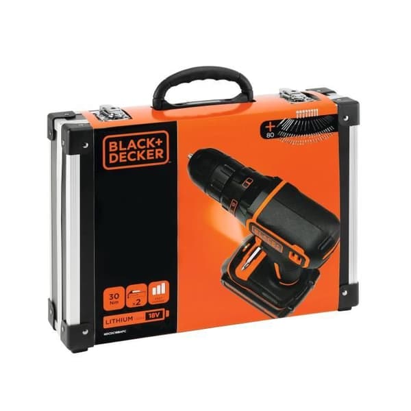 BLACK+DECKER 18 V:n litiumioniakkuinen akkuporakone/ruuvinväännin laturilla BDCDC18BAFC-QW, 80 tarviketta, 2 x 1,5 Ah akkua, 1 laukku