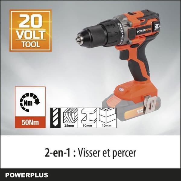 20 V 50 Nm akkuporakone - DUAL POWER POWDP15100 - Toimitetaan ilman akkua tai laturia