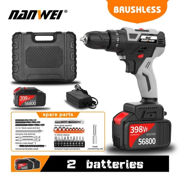 Slagboremaskine, Børsteløs Motor, Hammerfunktion, 398VF 2Batterier PA