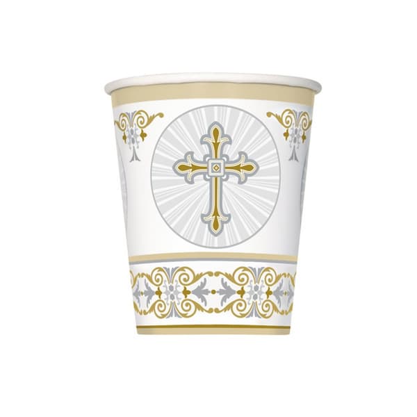 Unique Party Radiant Cross Papir dåbsfestkopper (pakke med 8) White/Silver/Gold One Size