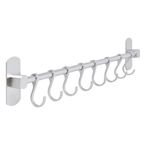 Självhäftande köksredskapsställ i silver, 40 cm köksredskapsstång i aluminium med 8 rörliga krokar