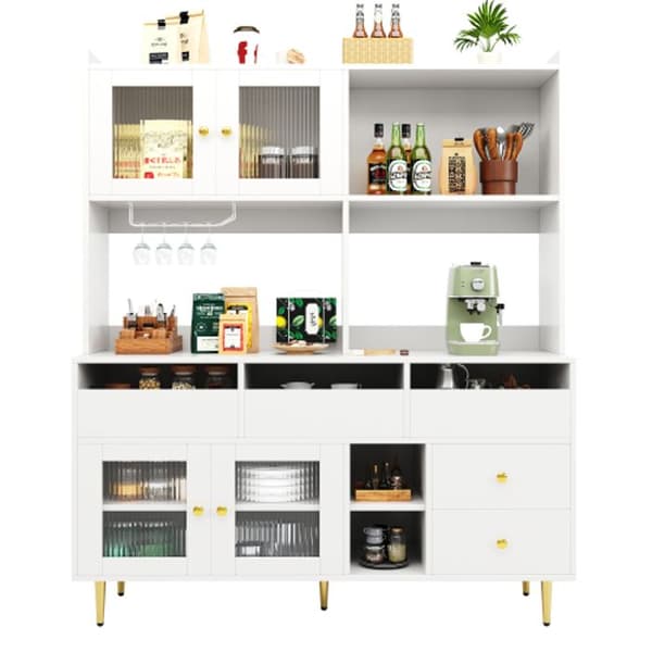 Stort matbordsmöbel (145 x 39 x 171 cm) med iriserande glasdörrar, vinkyl, vit med gyllene accenter.