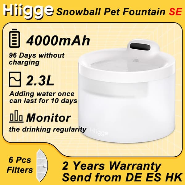 Hiigge Pet Fountain SE, 4000mAh Akunkesto, Seuraa Juomista Säännöllisesti,Lisää 6 suodatinta