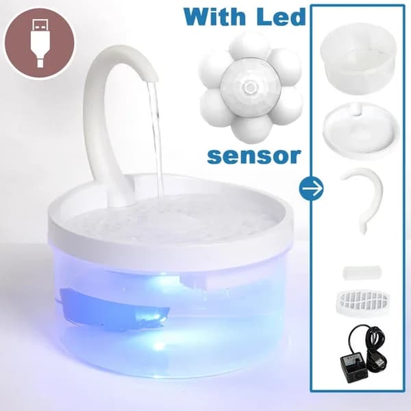 Kattvattenfontän, USB-driven, ultratyst drift,F-Med Sensor-Led