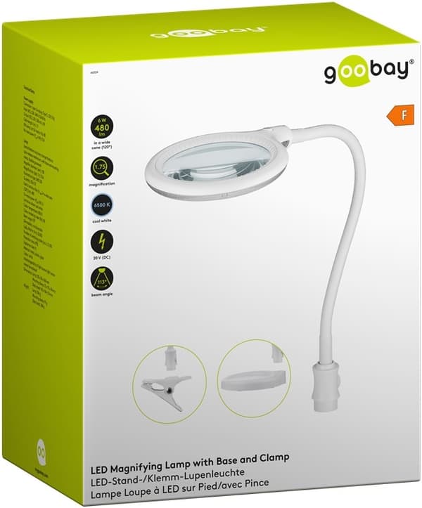 Goobay LED-luplampe med fod/klemme, 6 W, hvid 480 lm, 100 mm glaslinse, 1,75x forstørrelse, 3 dioptrier