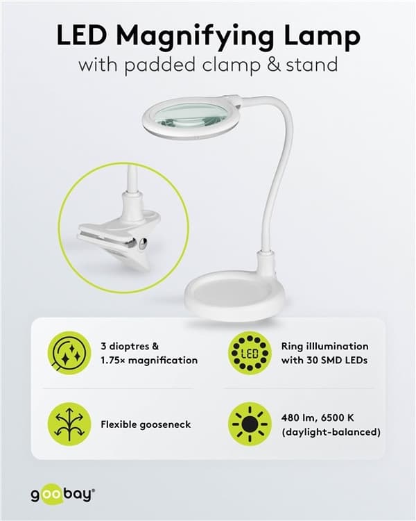 Goobay LED-luplampe med fod/klemme, 6 W, hvid 480 lm, 100 mm glaslinse, 1,75x forstørrelse, 3 dioptrier