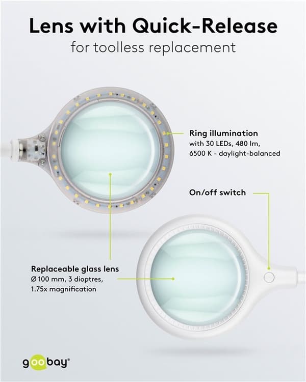 Goobay LED-luplampe med fod/klemme, 6 W, hvid 480 lm, 100 mm glaslinse, 1,75x forstørrelse, 3 dioptrier