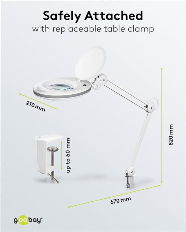 Goobay LED-förstoringslampa med klämma, 8 W, vit 650 lm, 127 mm glaslins, 1,75x förstoring, 3 dioptrier
