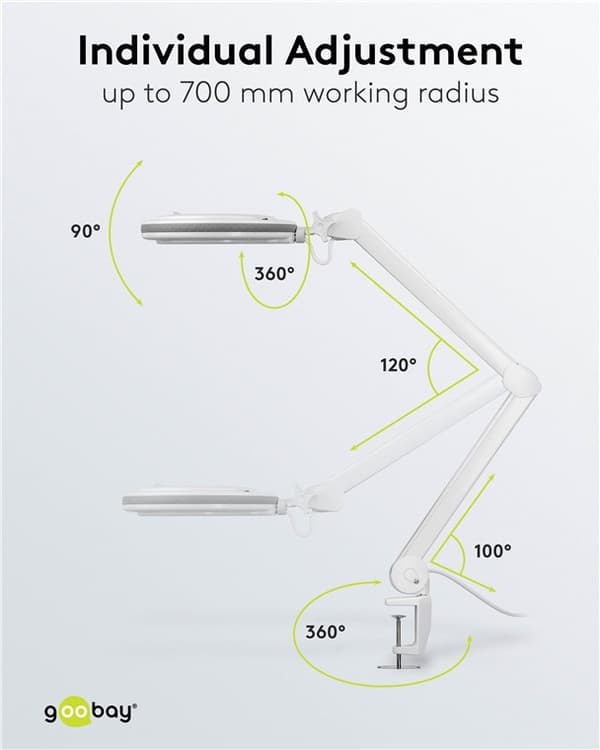 Goobay LED-forstørrelseslampe med klips, 9 W, hvit 80-730 lm, dimbar, 127 mm krystallglasslinse, 1,75x forstørrelse, 3 dioptrier