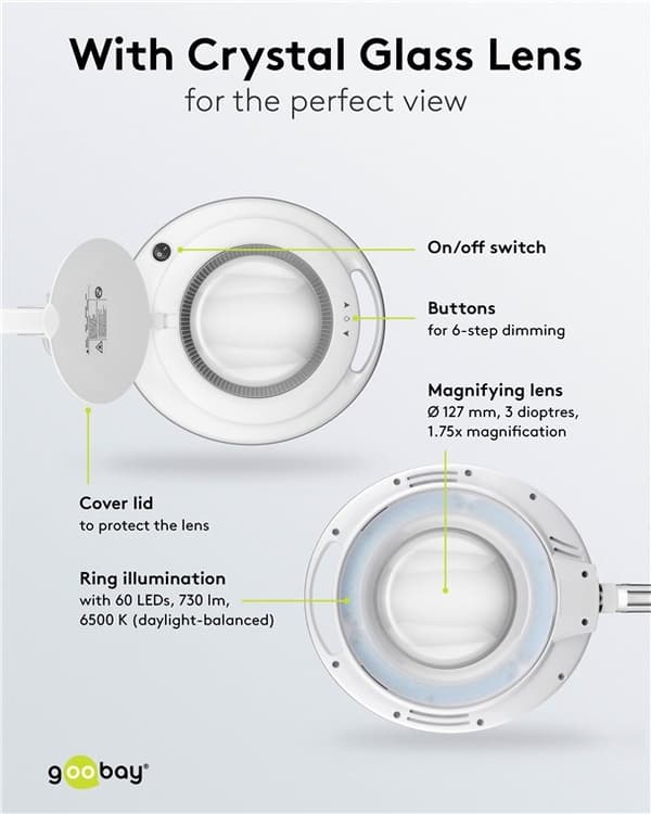 Goobay LED-forstørrelseslampe med klips, 9 W, hvit 80-730 lm, dimbar, 127 mm krystallglasslinse, 1,75x forstørrelse, 3 dioptrier
