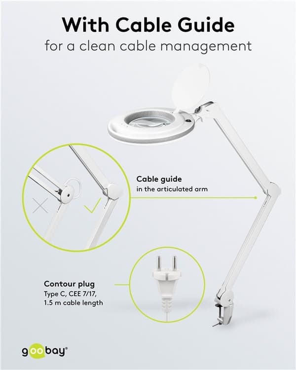 Goobay LED-forstørrelseslampe med klips, 9 W, hvit 80-730 lm, dimbar, 127 mm krystallglasslinse, 1,75x forstørrelse, 3 dioptrier