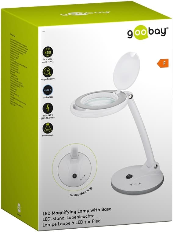 Goobay LED-forstørrelseslampe med stativ, 6 W, hvit 80-450 lm, dimbar, 100 mm glasslinse, 1,75x forstørrelse, 3 dioptrier