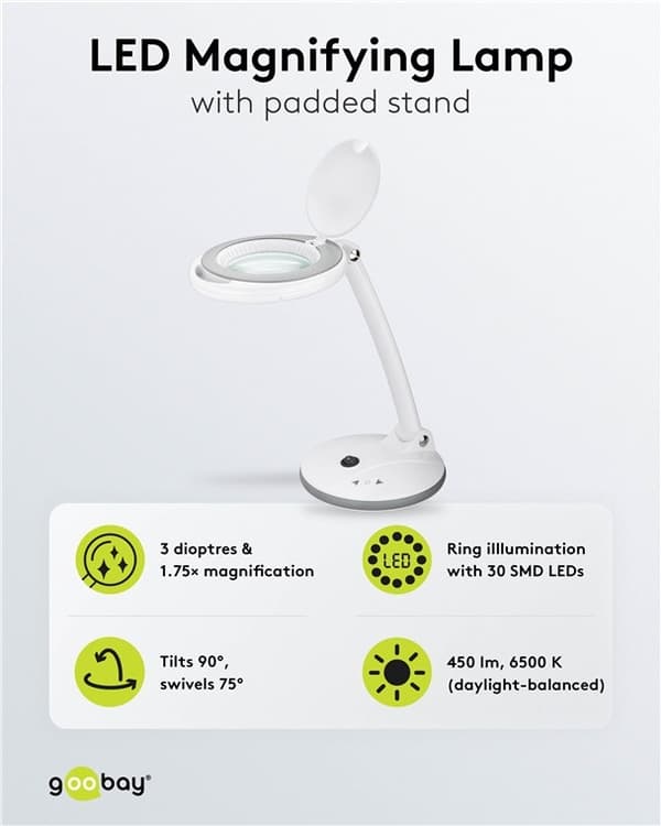 Goobay LED-forstørrelseslampe med stativ, 6 W, hvit 80-450 lm, dimbar, 100 mm glasslinse, 1,75x forstørrelse, 3 dioptrier