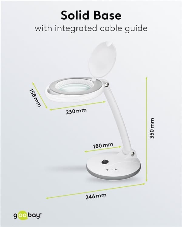 Goobay LED-forstørrelseslampe med stativ, 6 W, hvit 80-450 lm, dimbar, 100 mm glasslinse, 1,75x forstørrelse, 3 dioptrier