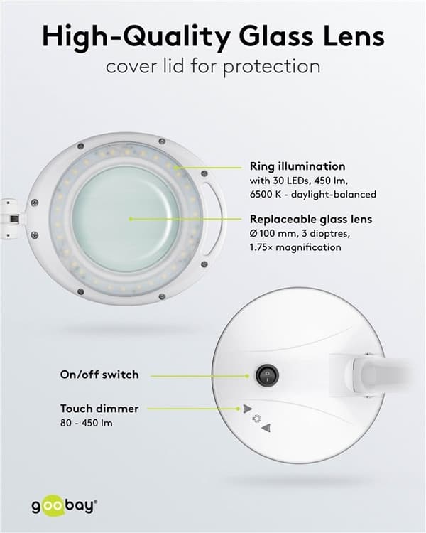 Goobay LED-forstørrelseslampe med stativ, 6 W, hvit 80-450 lm, dimbar, 100 mm glasslinse, 1,75x forstørrelse, 3 dioptrier