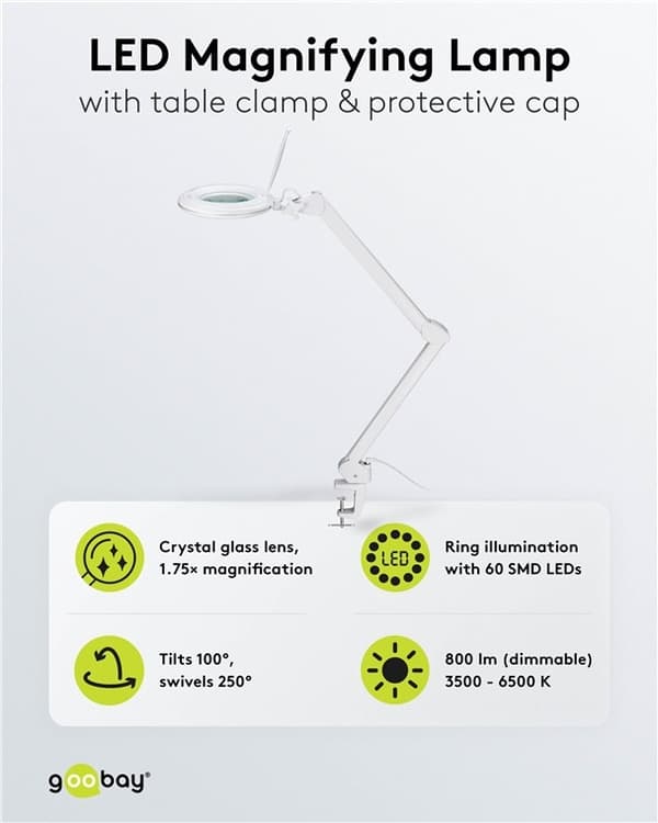 Goobay LED-förstoringslampa med klämma, 10 W, vit 800 lm, ljusstyrka och ljusfärg justerbar, 127 mm glaslins, 1,75x förstoring, 3 dioptrier