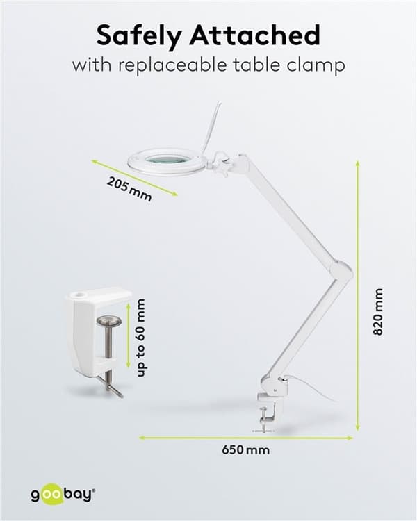 Goobay LED-förstoringslampa med klämma, 10 W, vit 800 lm, ljusstyrka och ljusfärg justerbar, 127 mm glaslins, 1,75x förstoring, 3 dioptrier
