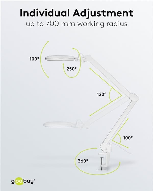 Goobay LED-förstoringslampa med klämma, 10 W, vit 800 lm, ljusstyrka och ljusfärg justerbar, 127 mm glaslins, 1,75x förstoring, 3 dioptrier