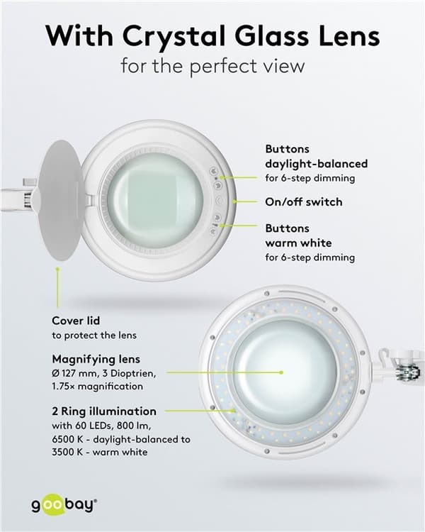Goobay LED-förstoringslampa med klämma, 10 W, vit 800 lm, ljusstyrka och ljusfärg justerbar, 127 mm glaslins, 1,75x förstoring, 3 dioptrier