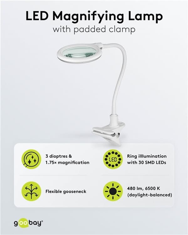 Goobay LED-luplampe med klemme, 6 W, hvid 480 lm, 100 mm glaslinse, 1,75x forstørrelse, 3 dioptrier