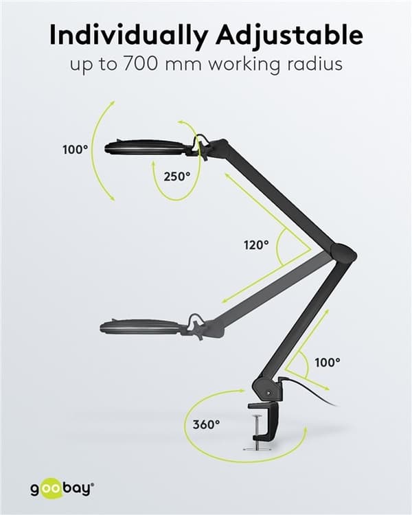 Goobay LED-forstørrelseslampe med klips, 10 W, svart 800 lm, justerbar lysstyrke og lysfarge, 127 mm glasslinse, 1,75x forstørrelse, 3 dioptrier