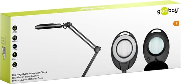 Goobay LED-forstørrelseslampe med klips, 8 W, svart 650 lm, 127 mm glasslinse, 1,75x forstørrelse, 3 dioptrier