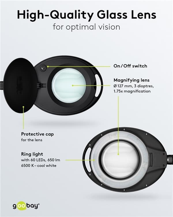 Goobay LED-forstørrelseslampe med klips, 8 W, svart 650 lm, 127 mm glasslinse, 1,75x forstørrelse, 3 dioptrier