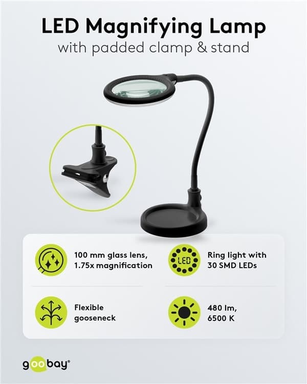 Goobay LED-förstoringslampa med stativ/klämma, 6 W, svart 480 lm, 100 mm glaslins, 1,75x förstoring, 3 dioptrier