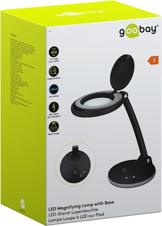 Goobay LED-förstoringslampa med stativ, 6 W, svart 80-450 lm, dimbar, 100 mm glaslins, 1,75x förstoring, 3 dioptrier