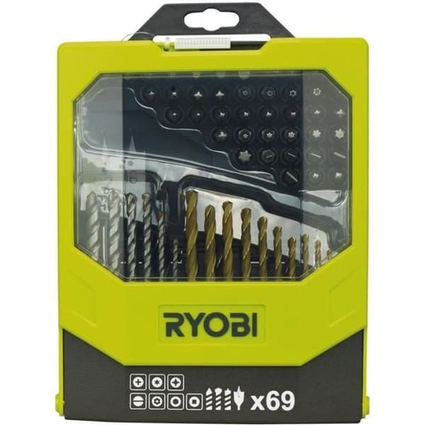 RYOBI - Box med 69 blandade tillbehör: trä-, betong- och metallborr + 43 25 mm bits + 1 bitshållare - RAK69MIX