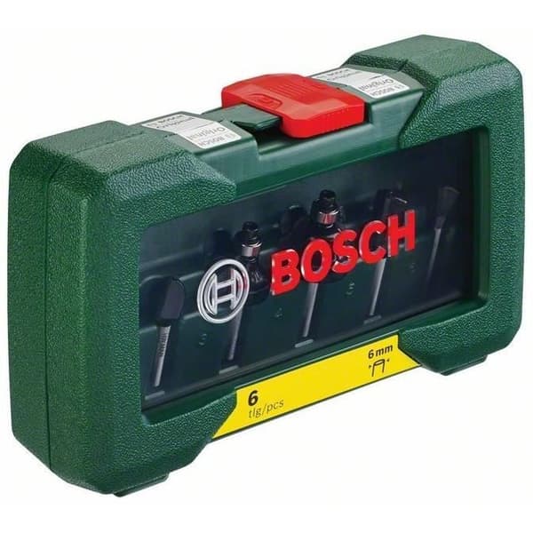 Låda med 6 st BOSCH hårdmetallfräsar - 6 mm skaft - för spårning och profilering