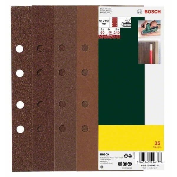 Slipskivor för BOSCH orbitalslip - Set om 25 - Korn 60, 80, 120, 240 - 93x230 mm