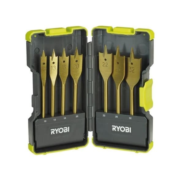 Stötsäker låda - RYOBI - 7 platta bits för träborrning - Guld - 10 till 32 mm