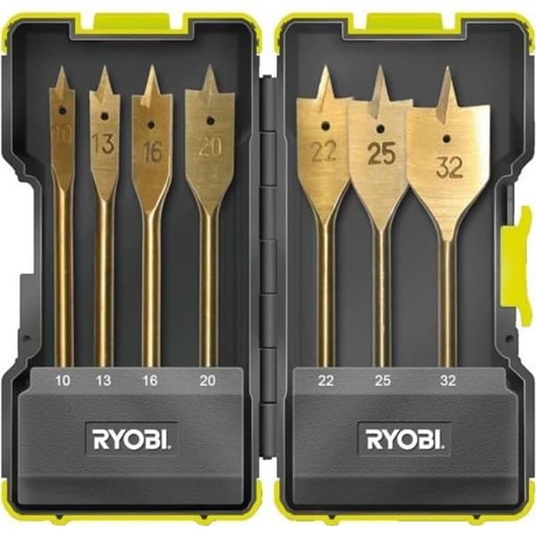 Stötsäker låda - RYOBI - 7 platta bits för träborrning - Guld - 10 till 32 mm