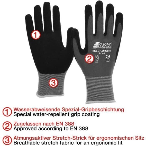 Nitras 3 par arbetshandskar 8800 EN 388 Flexibel passform - mekaniker/montering/skydd/tvätthandskar