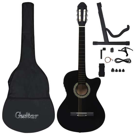 Gitarr 12 Delar Med Eq-Pedal 6 Och Strängar Western Svart