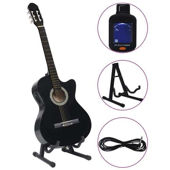 Gitarr 12 Delar Med Eq-Pedal 6 Och Strängar Western Svart