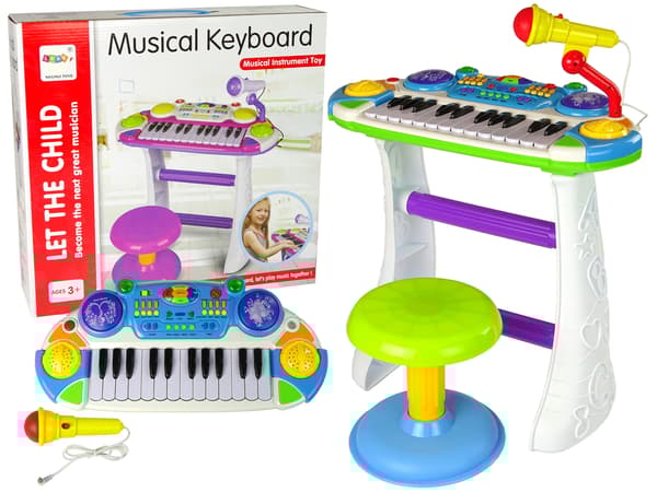 Orgel Keyboard Stol Mikrofon Blå