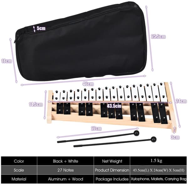 Glockenspiel Xylofon, 43x24x4 cm, Sort Hvid