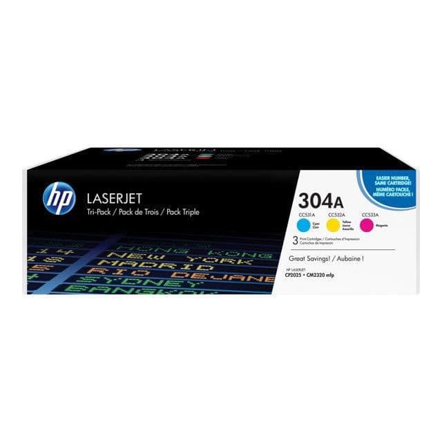 HP 304A-pakke med 3 autentiske Cyan / Magenta / Gule LaserJet tonere (CF372AM) til HP Color LaserJet CM2320 / CP2025