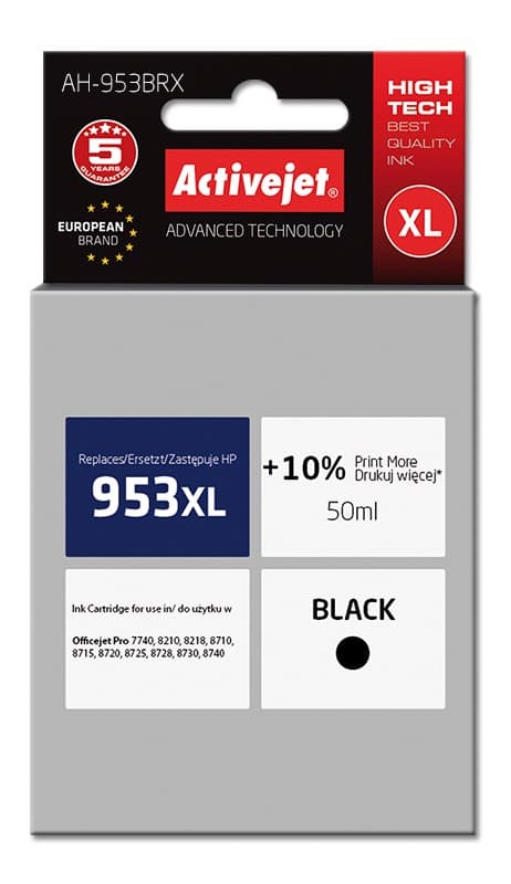 Activejet AH-953BRX muste HP-tulostimelle; HP 953XL L0S70AE vaihto; Premium; 50 ml; musta